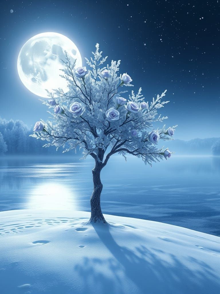 Crystalline Tree with Ice Roses Under Full Moon