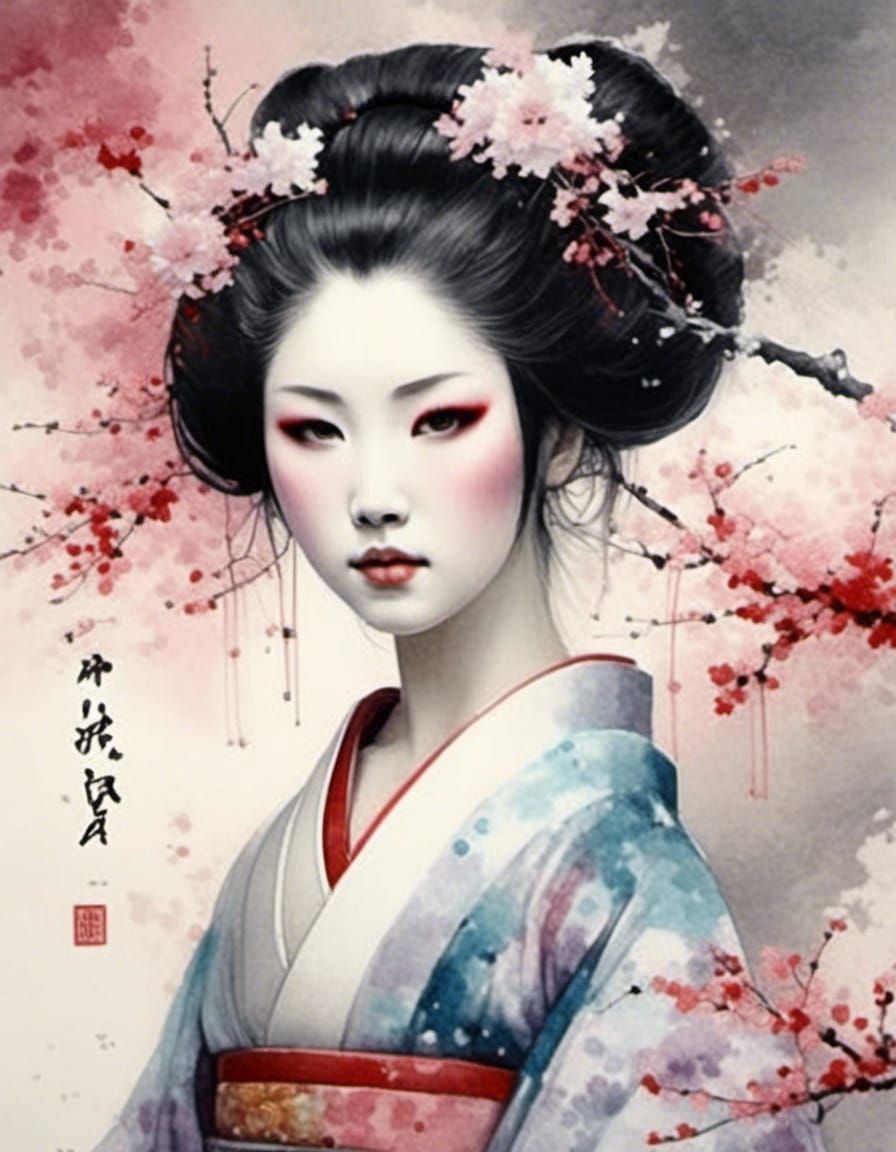Beautiful Geisha Portrait in Watercolor and Ink