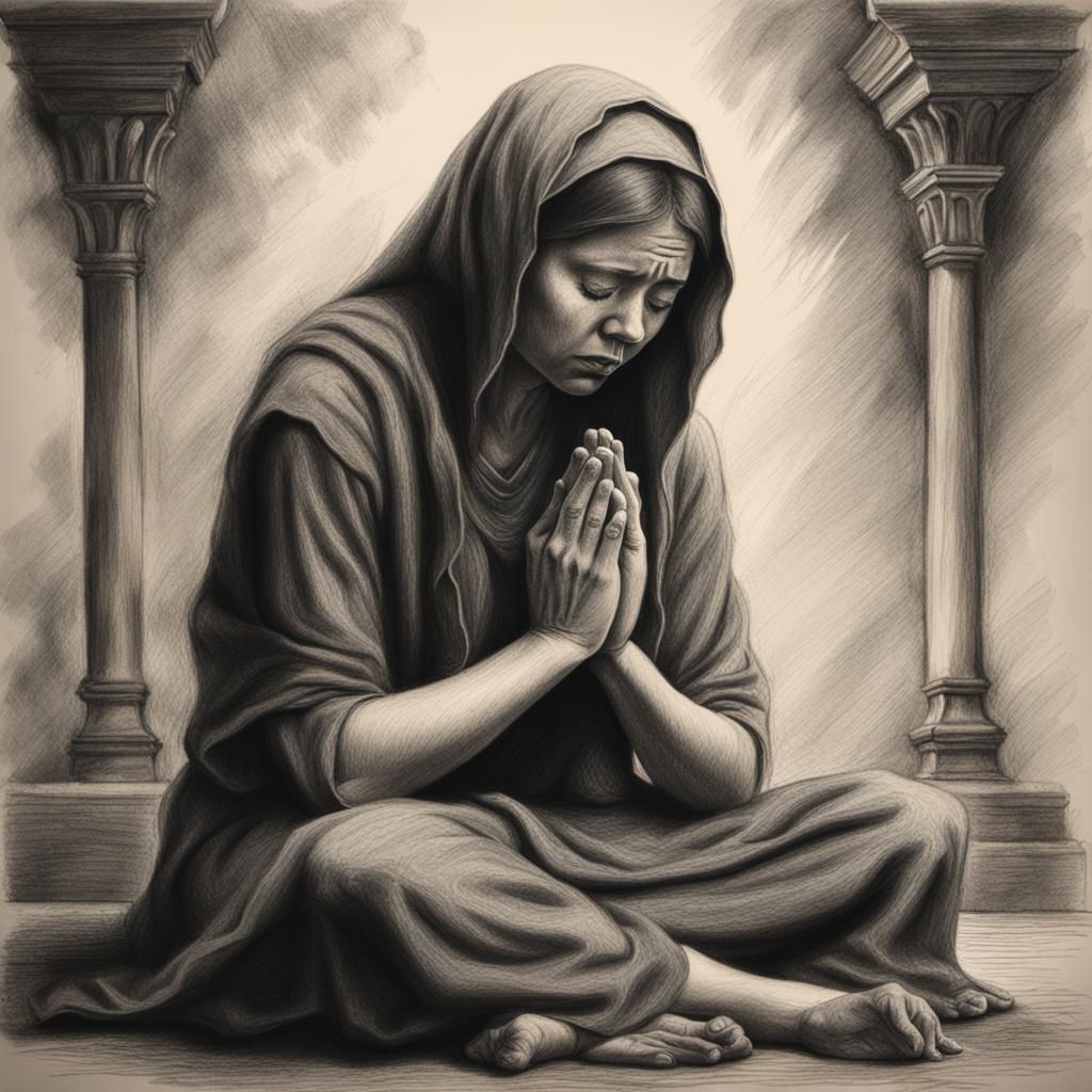 Sobbing Woman in Prayer: Charcoal Drawing