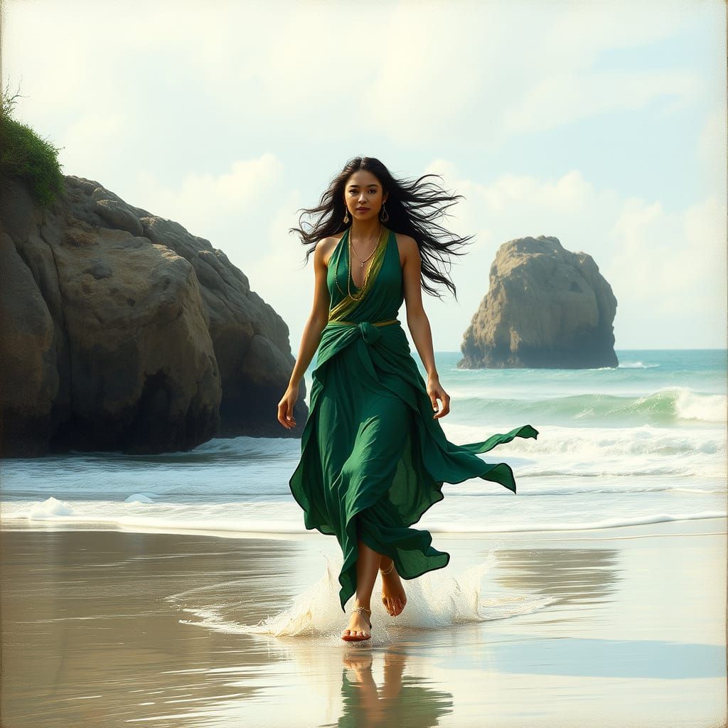 Buddhist Goddess Emerges from the Ocean in a Coastal Scene