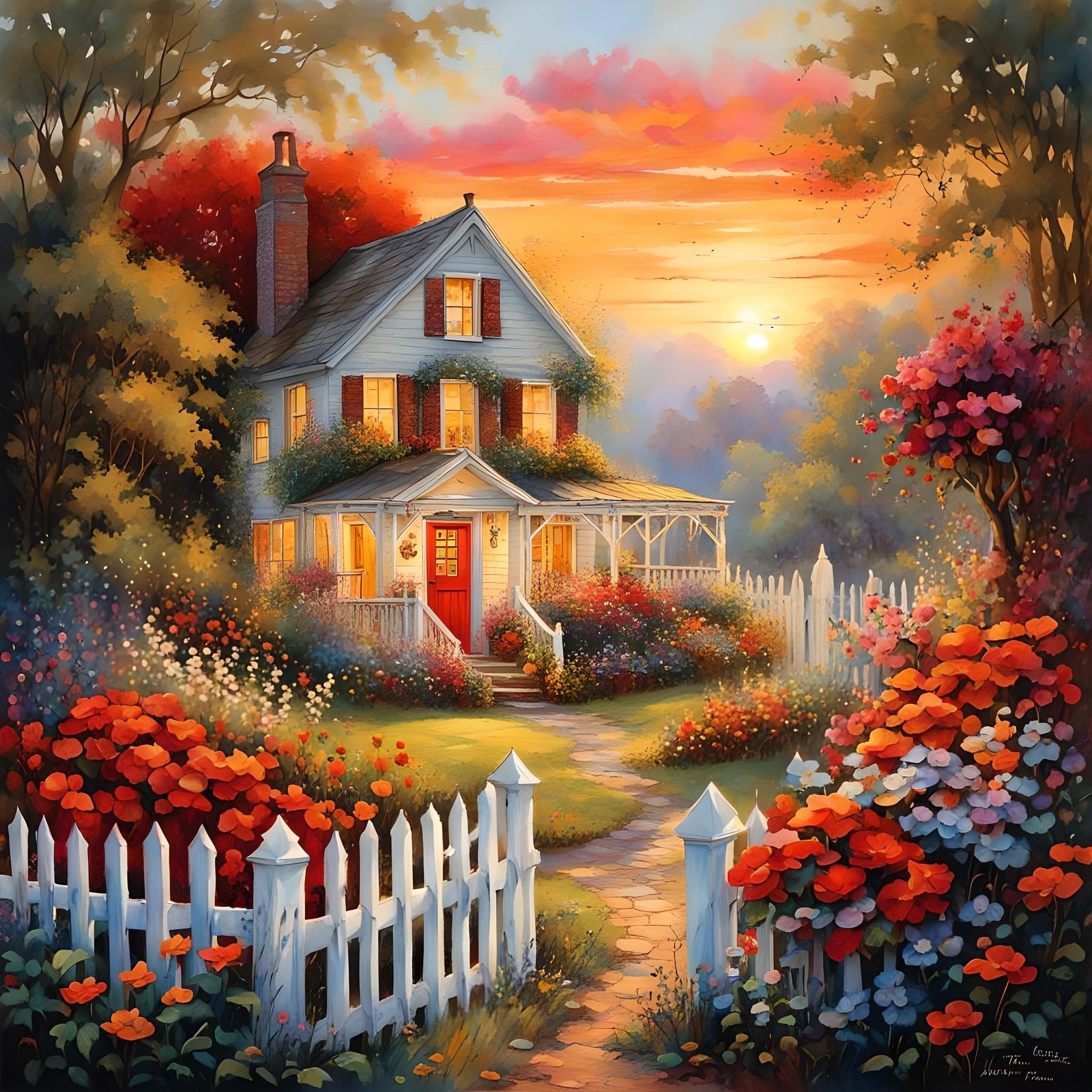 Charming Cottage at Sunrise: Watercolor and Ink