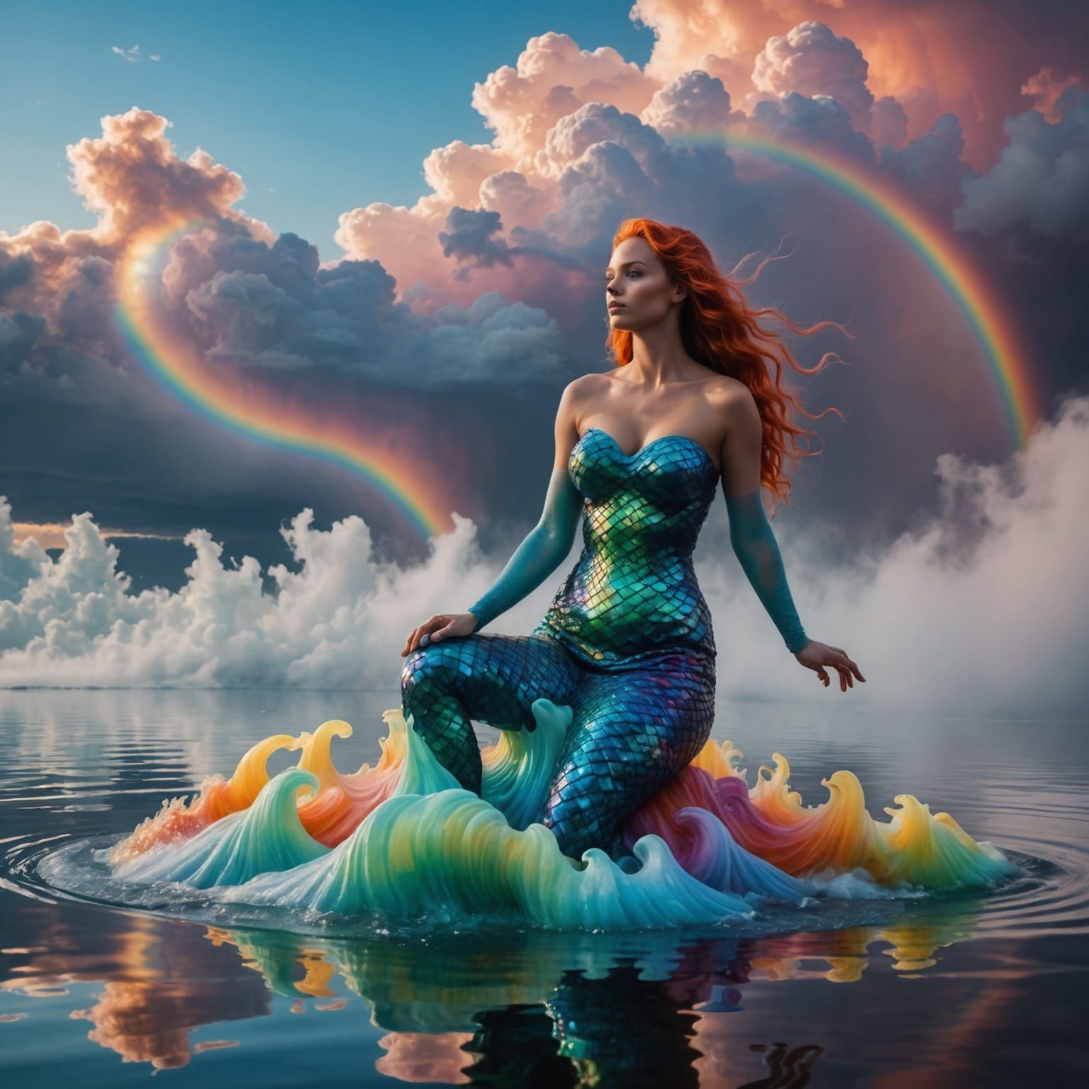 Surreal Mermaid Emerges from Colorful Fluid Lake