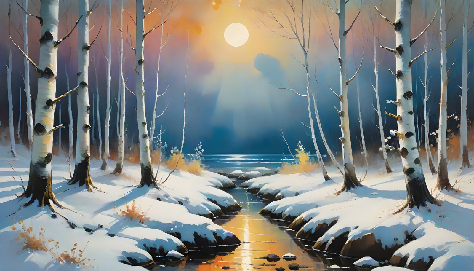 Moonlit Birch Forest Masterpiece in Impressionist Style