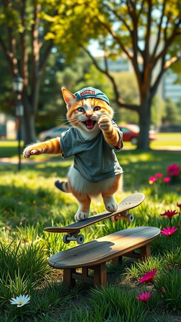 Calico Cat Skateboarding in Sunny Park, Hyperrealistic Style