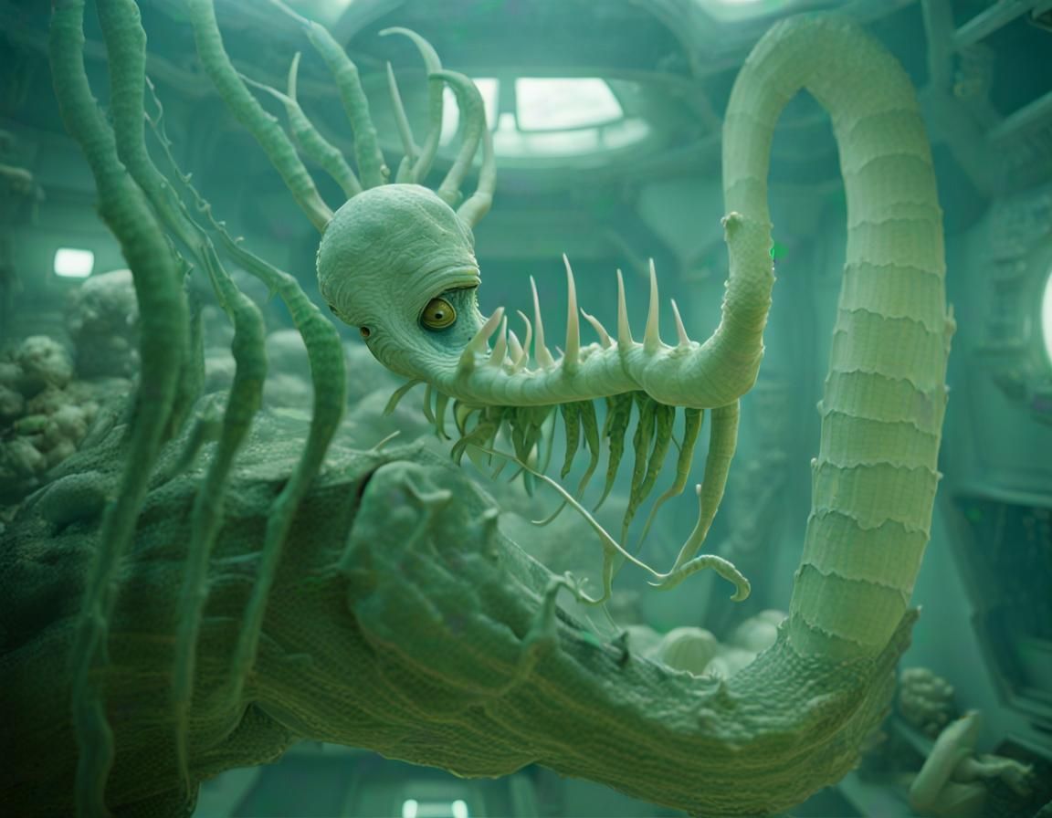 mummified alien creature with a dried-up trichocereus pachanoi in its arms in the cockpit of the spaceship, 3D, porcelai...