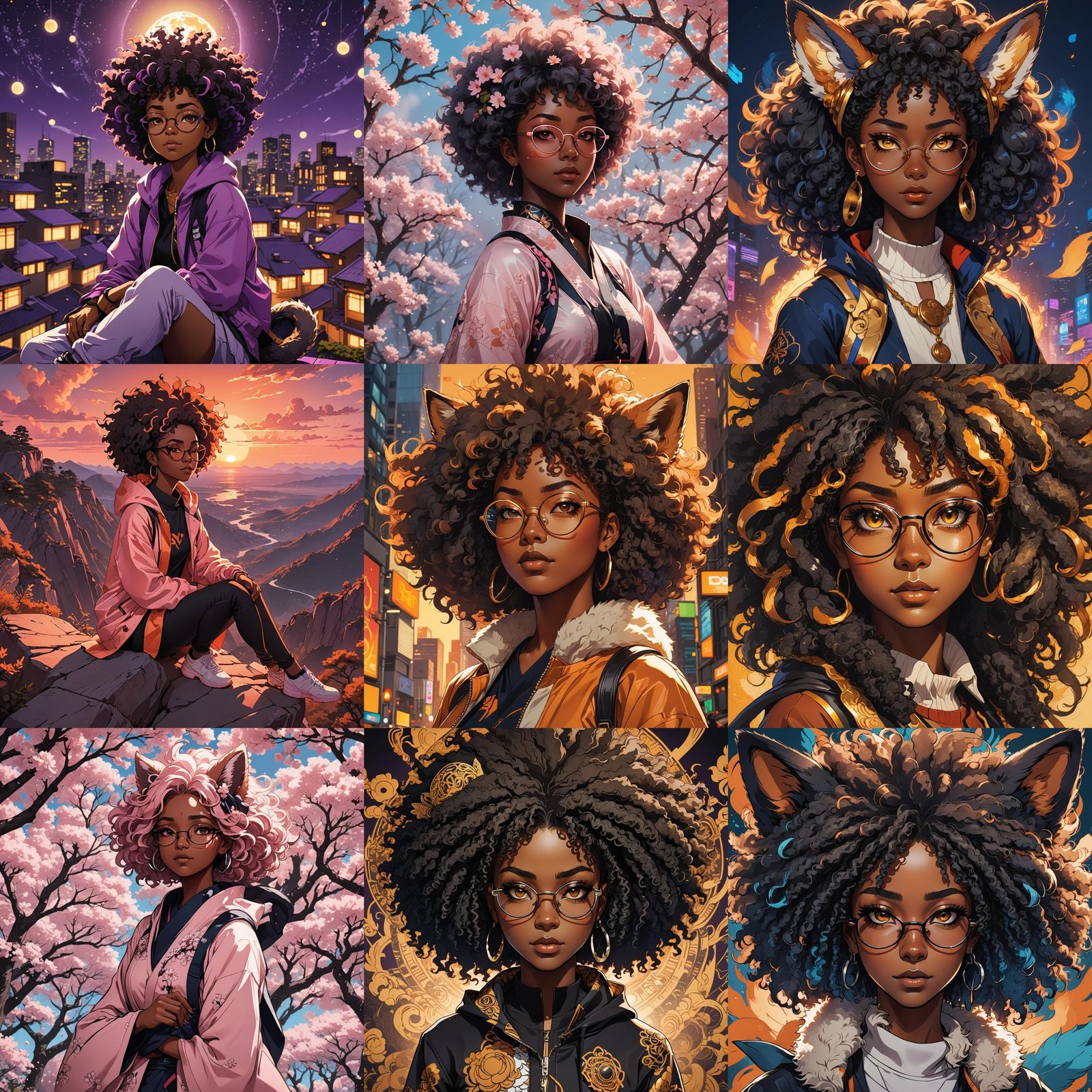 Manga-Inspired Black Teenage Kitsune Girl with Afro and Glas...