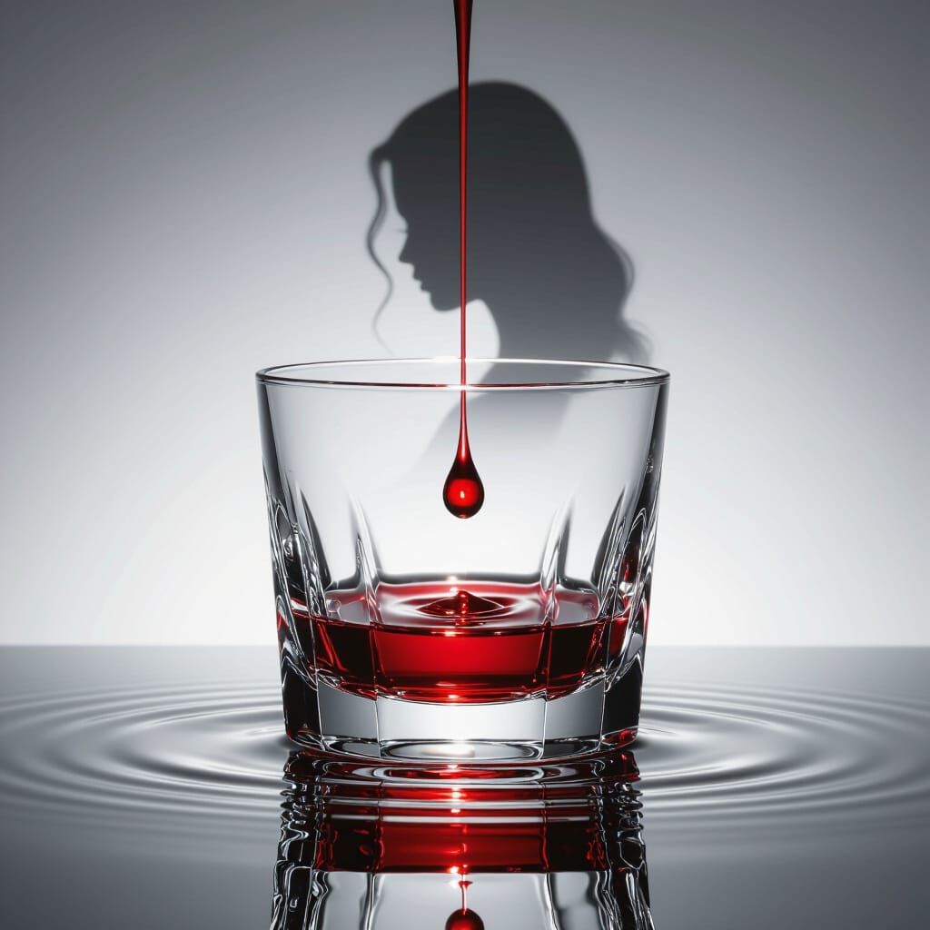 Luxurious Crystal Glass with Blood Drop in Cinematic Lightin...