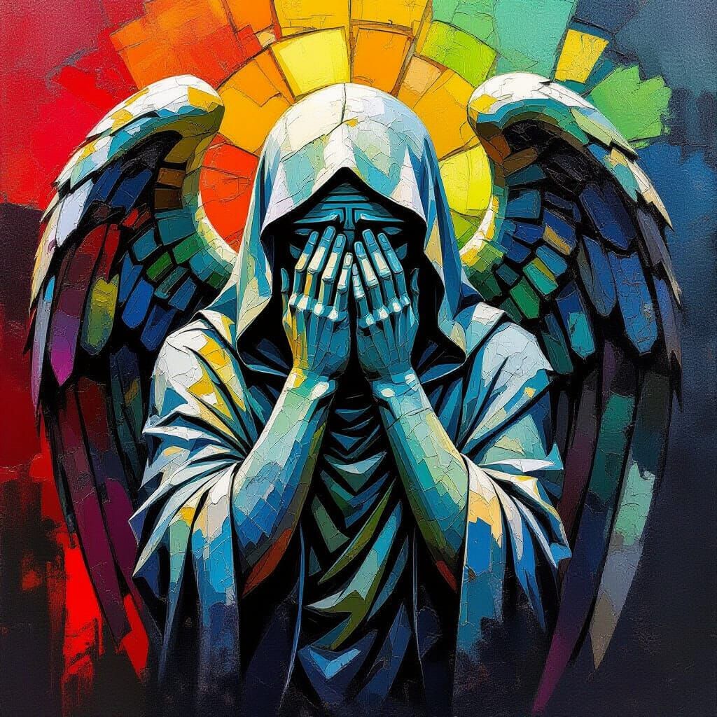 Weeping Angel Statue in Rainbow Palette Impasto Oil Painting