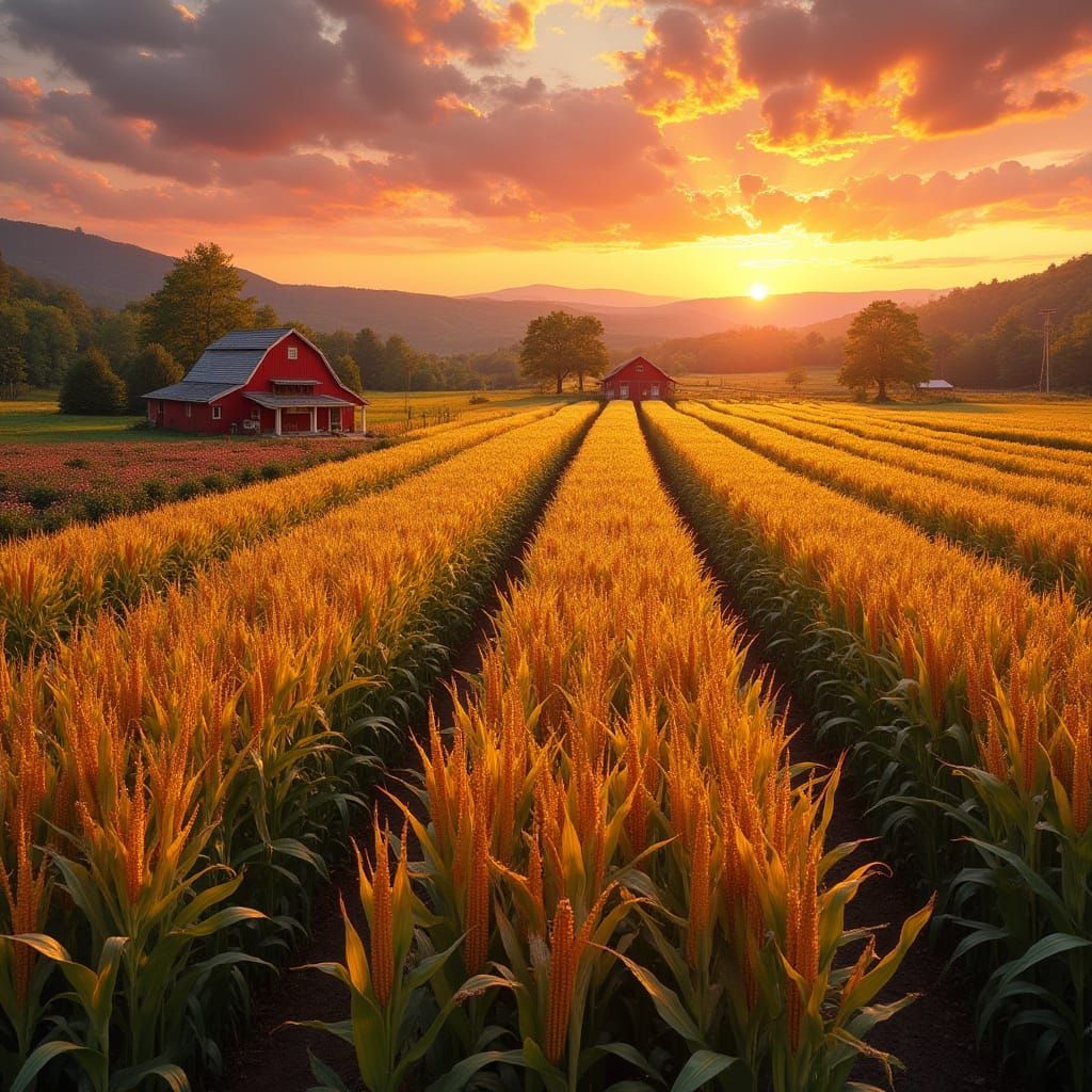 Golden Cornfield at Sunset, with Rustic Farmhouse and Garden...