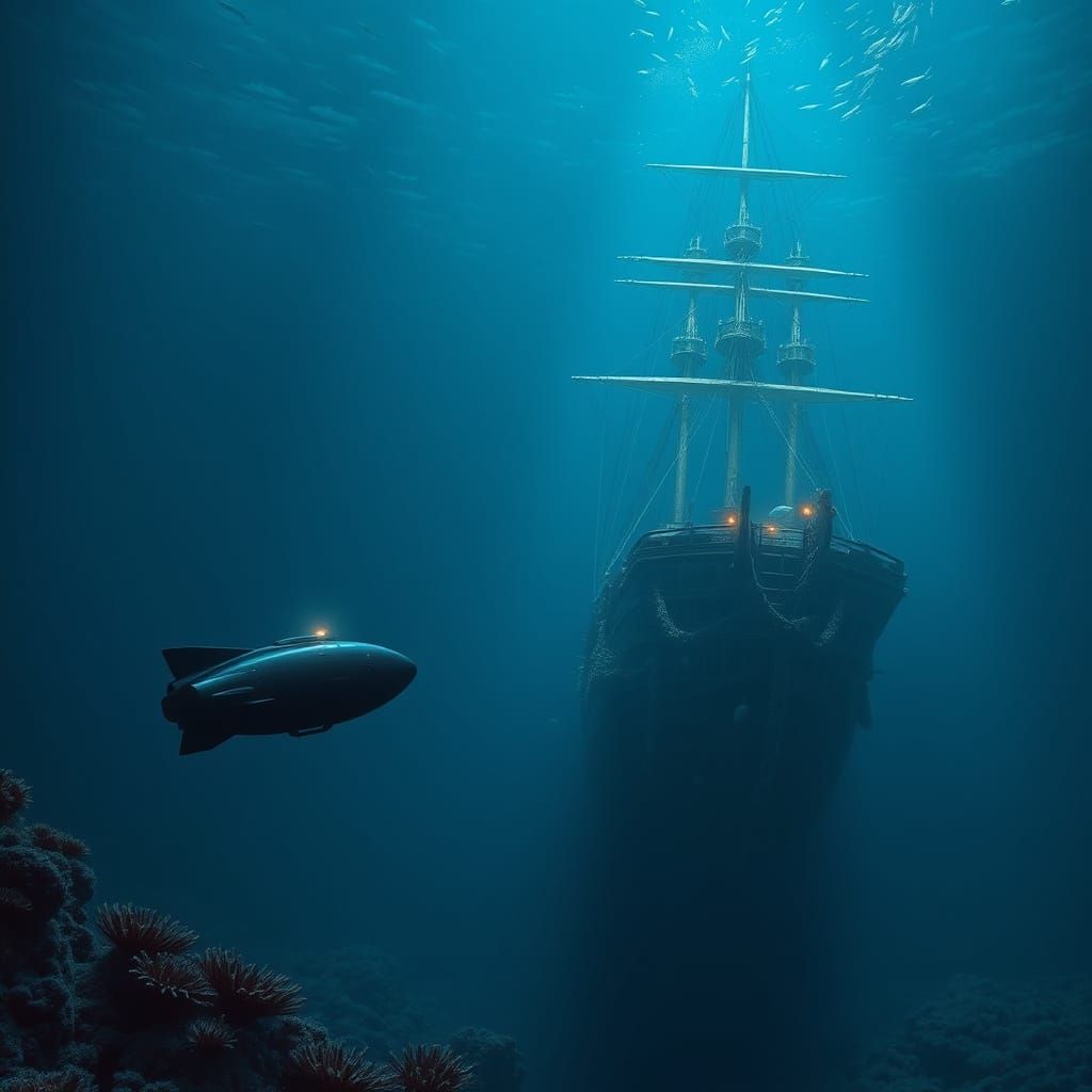 Mystical Sunken Ship in Deep Ocean Depths