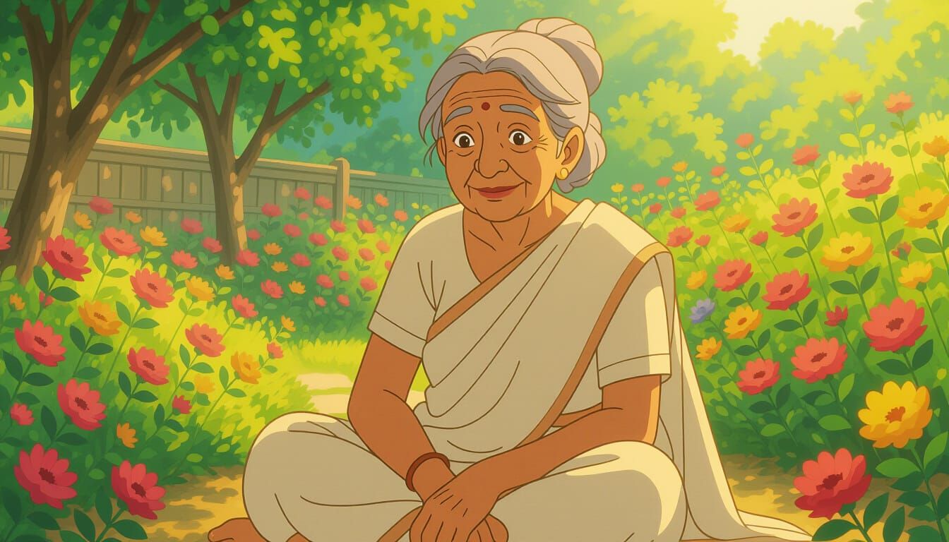 Elderly Indian Granny in Vibrant Garden, Anime Illustration ...