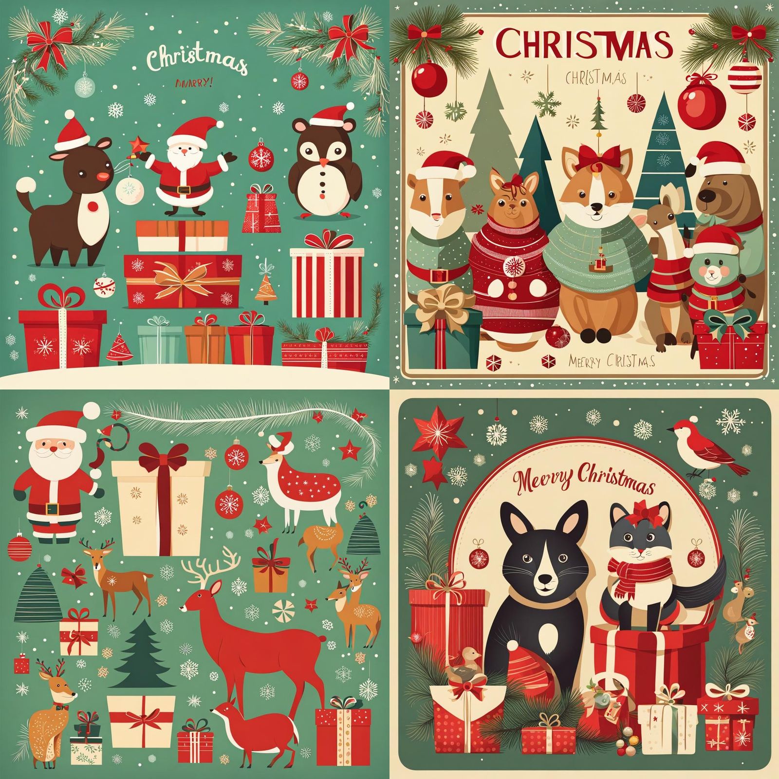 Retro Christmas Card with Gifts and Animals