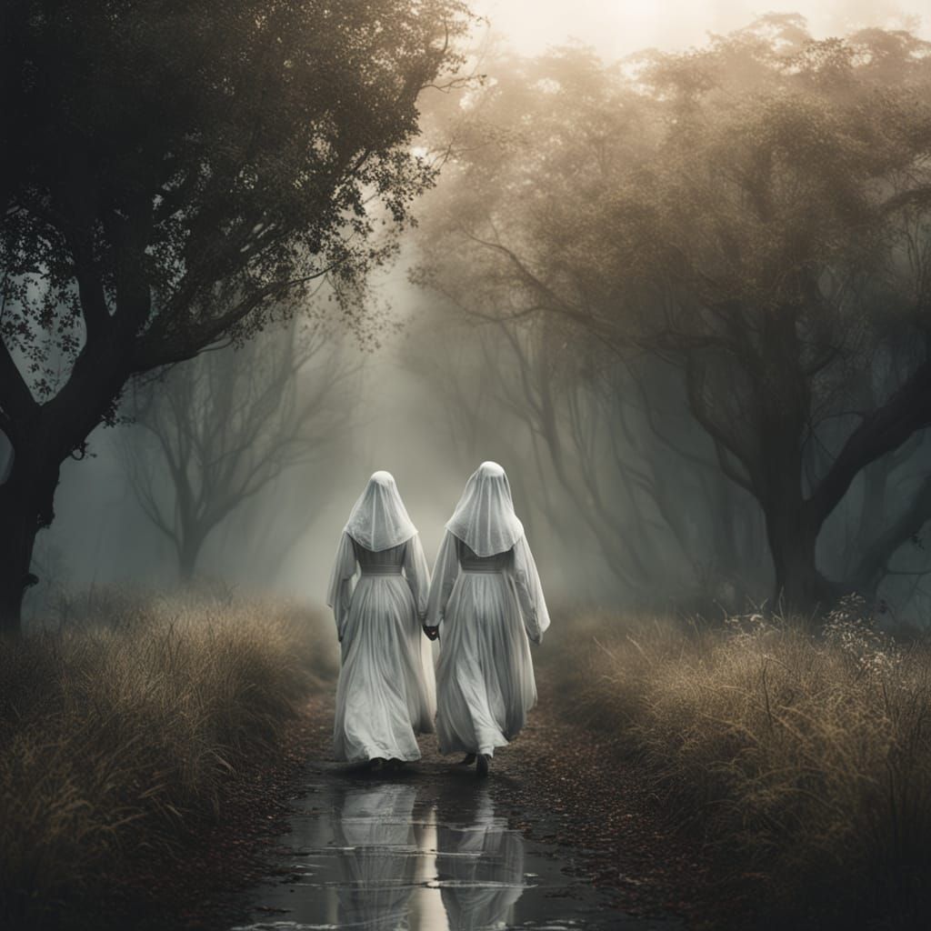 Ethereal Ghosts in a Misty, Hyperrealistic Landscape