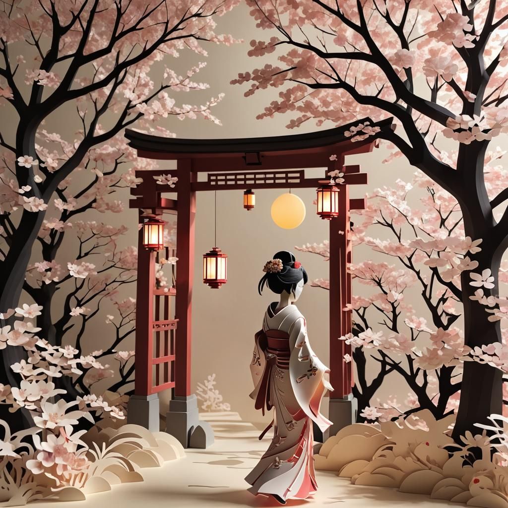 Geisha Under Torii Gate in Kirigami Style