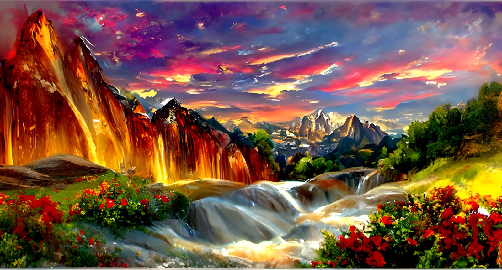Surreal Sunrise Mountain Vista in Impasto Painting Style