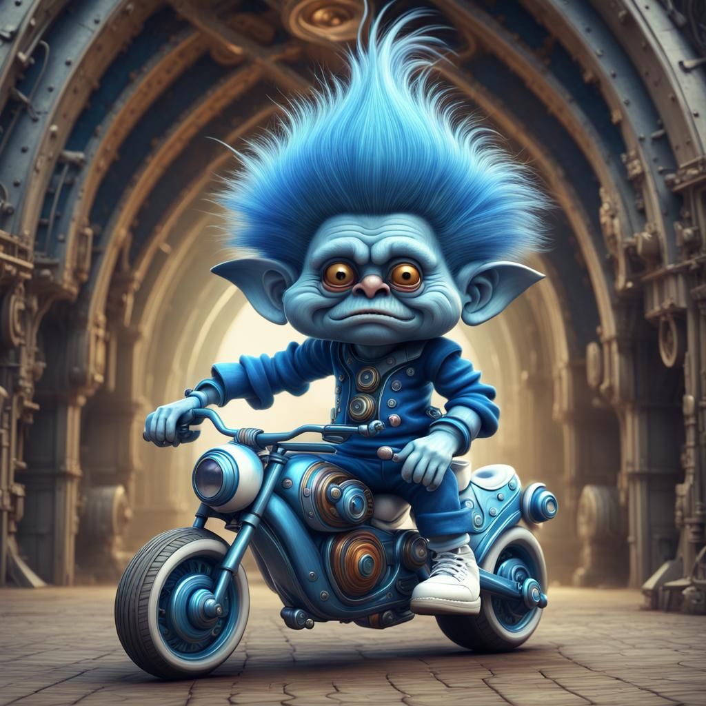 funny imaginary troll on his gothic motorcycle