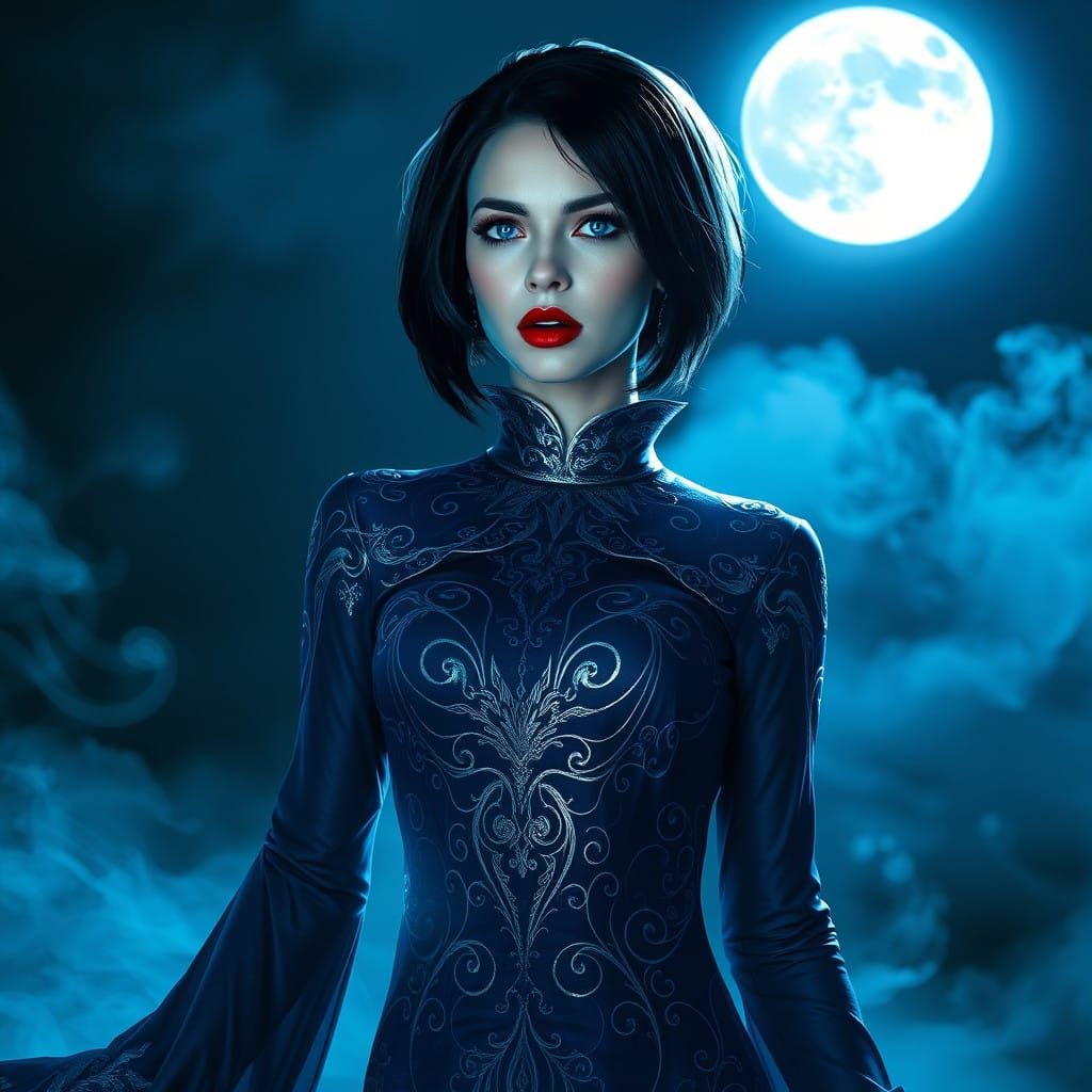 Mystical Vampire Queen in Midnight Blue and Silver Gown