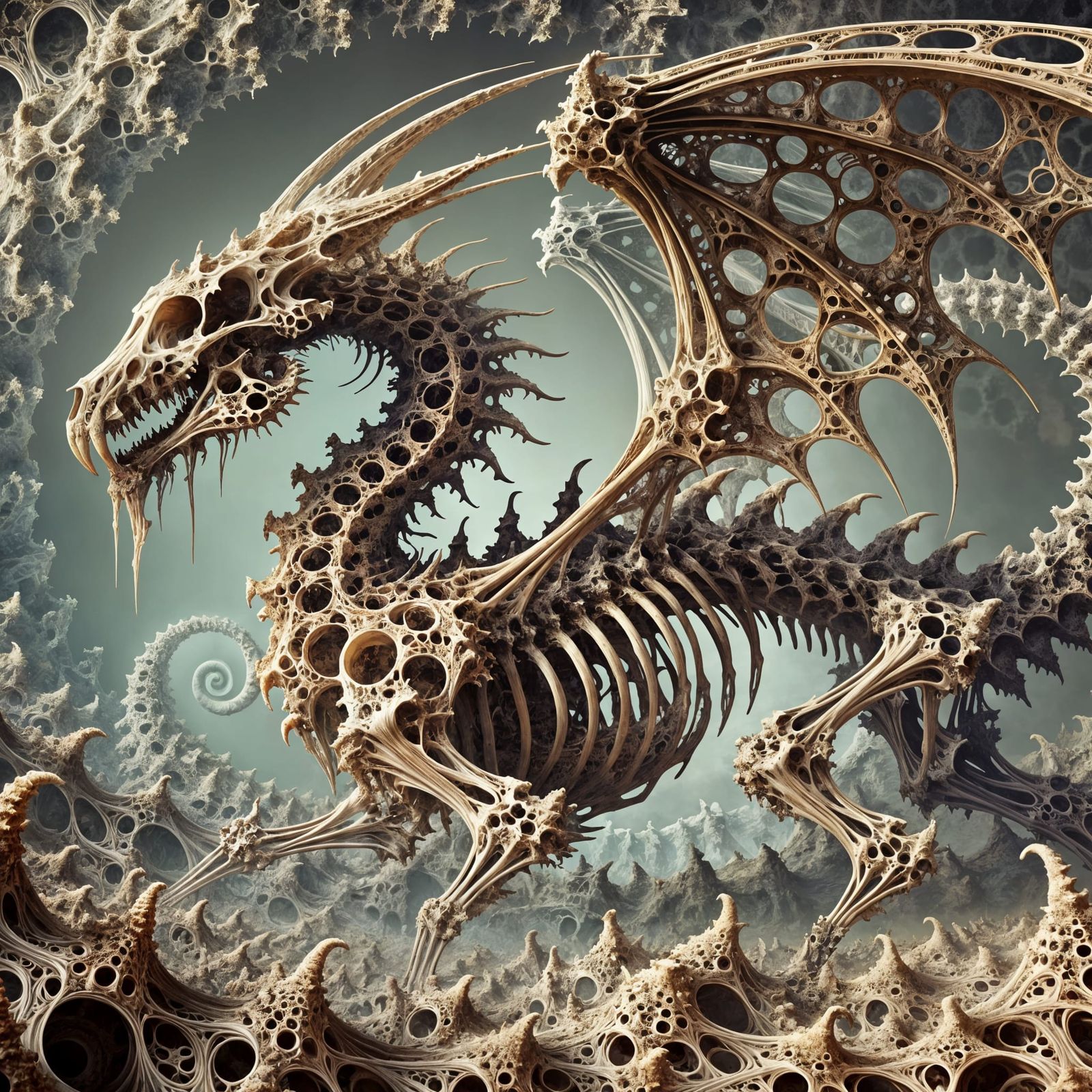 Fractal Dragon Skeleton in 3D Fractal Landscape