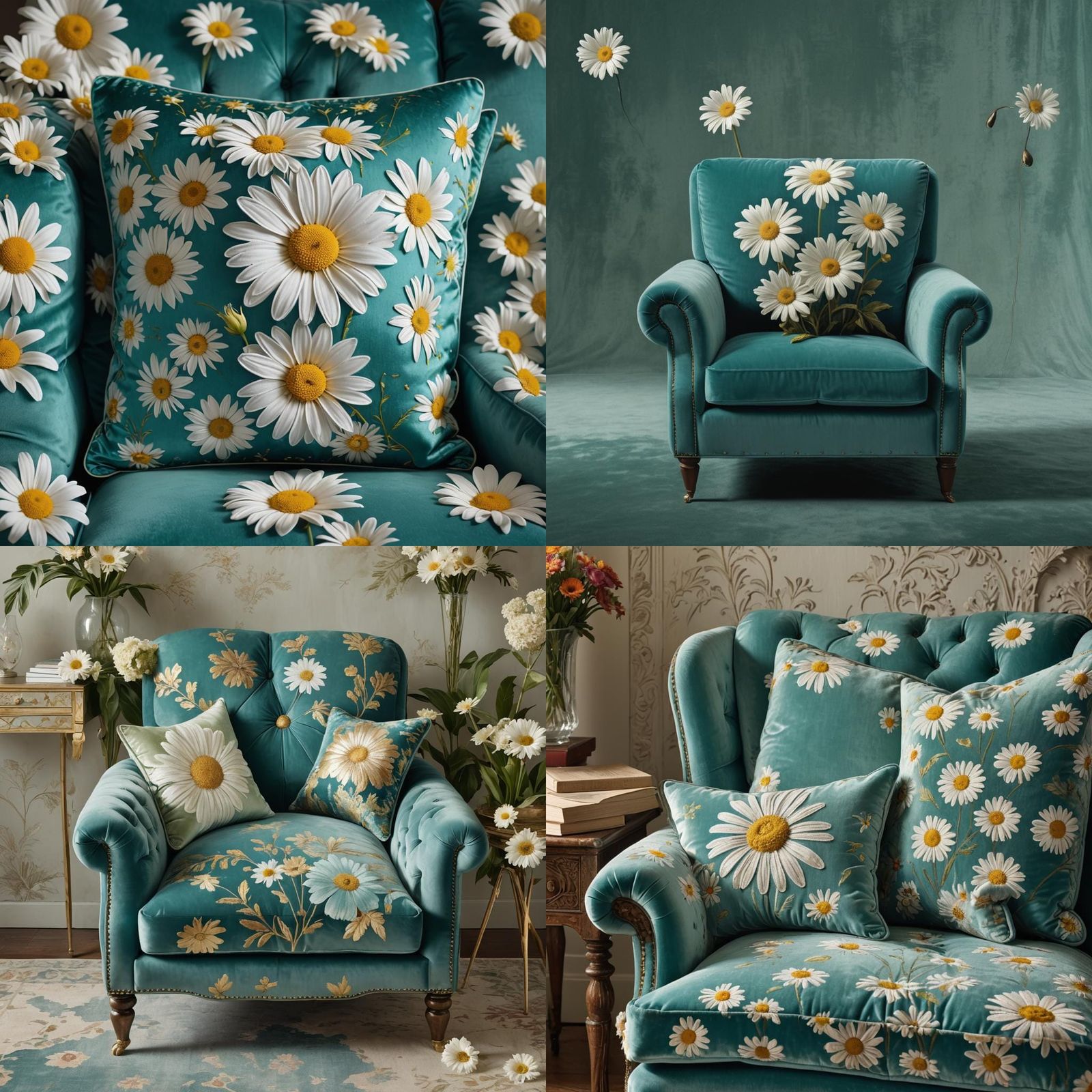 Daisy Pillow on Turquoise Armchair: Hyperrealistic HDR