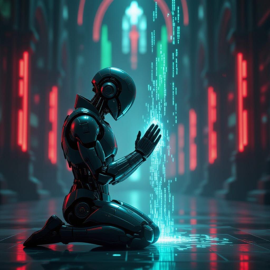 Cyborg Prayer in Cyberpunk Cathedral with Matrix Code
