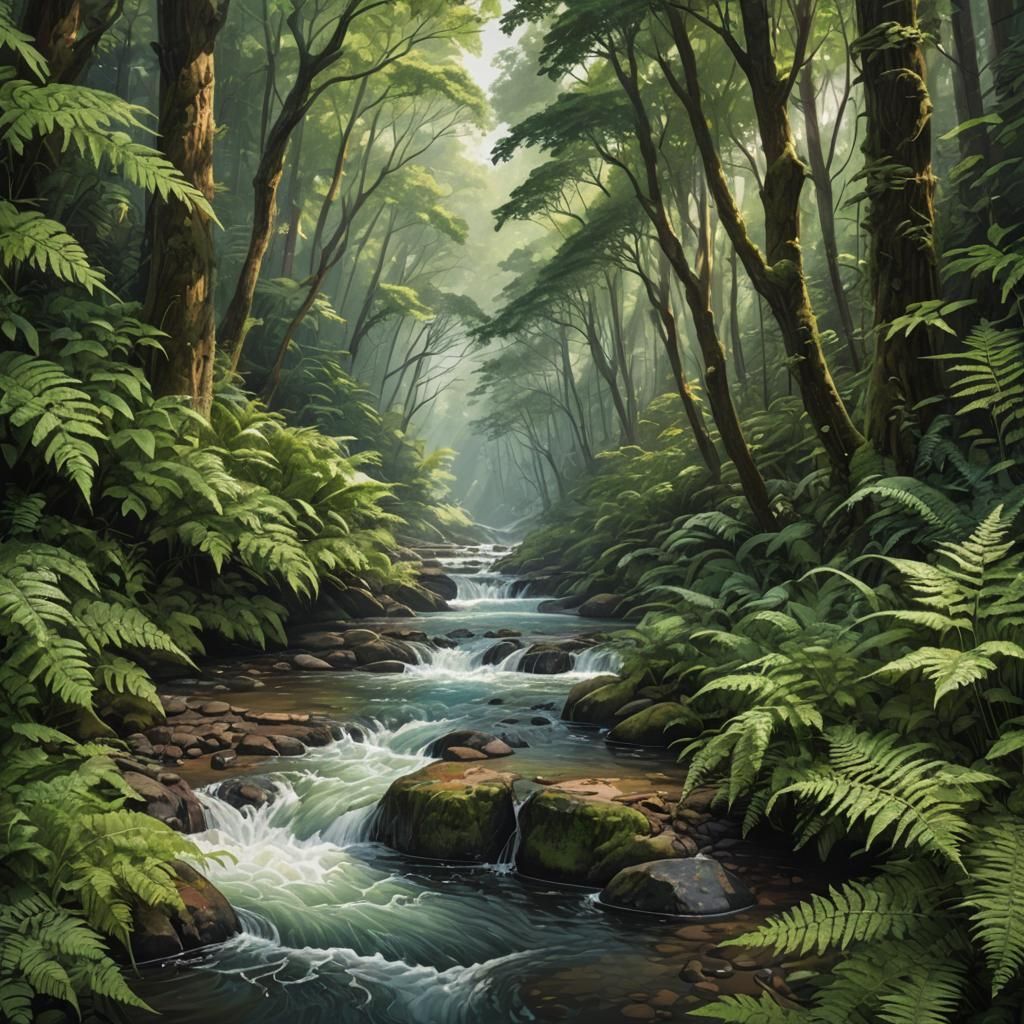 Hyperrealistic River Through Forest with Ferns