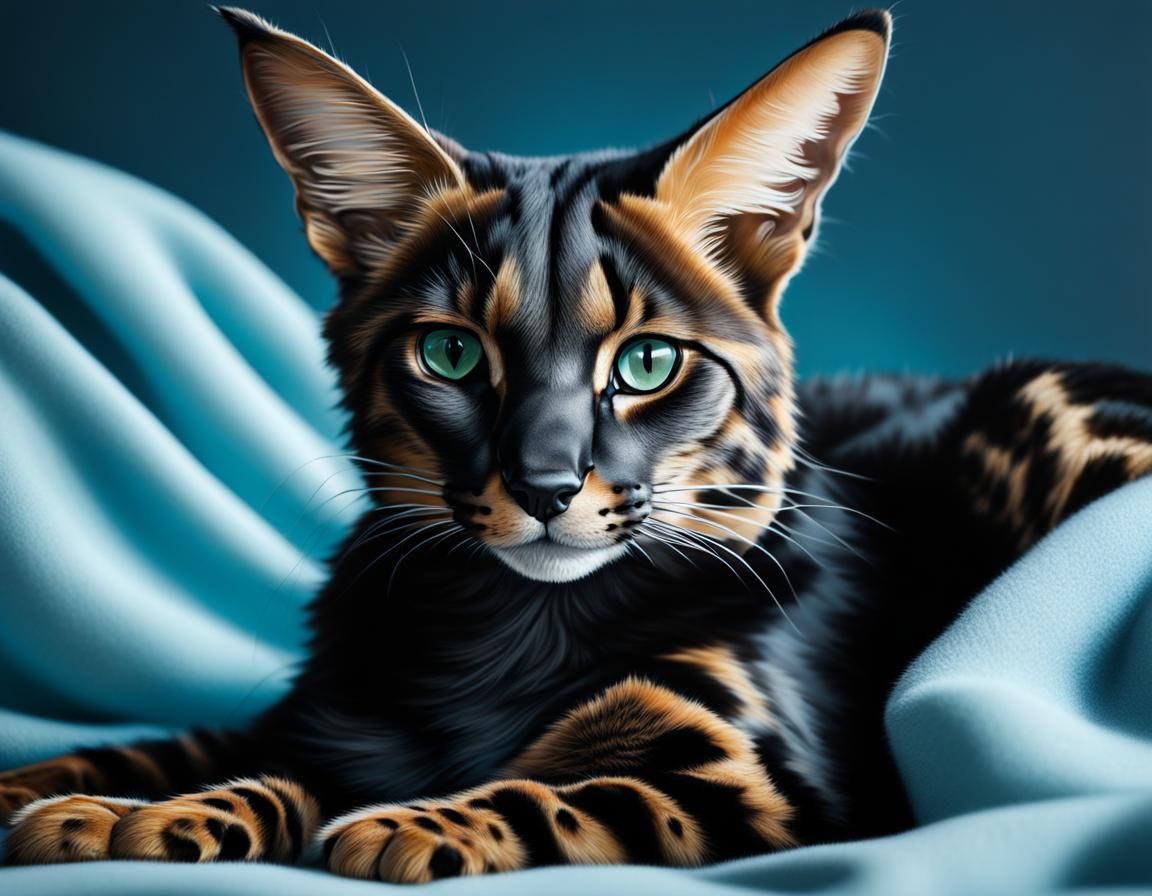 Resting Melanistic Serval Cat in Hyperrealism