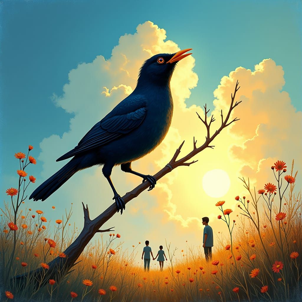 Blackbird Song at Dawn in Watercolor and Ink Style