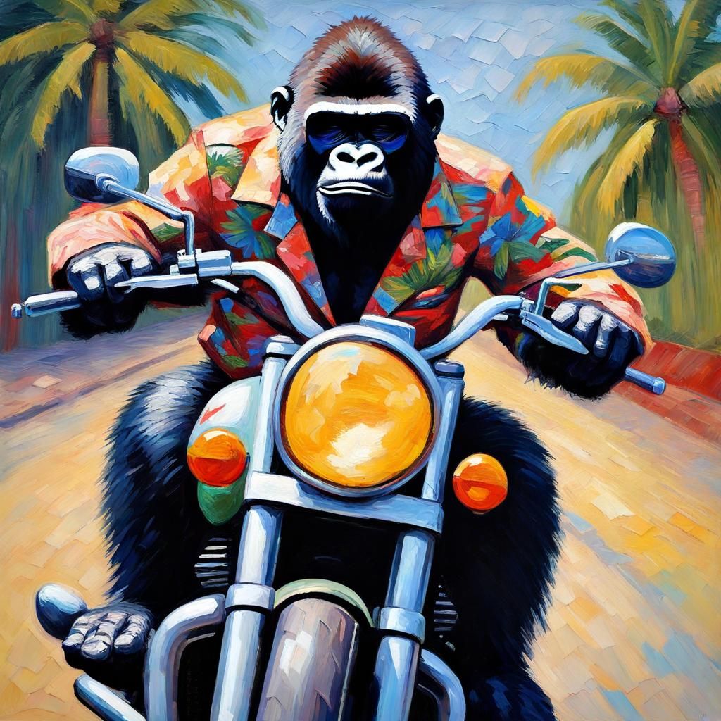 Gorilla on Motorcycle: Expressionist Impasto Oil Painting