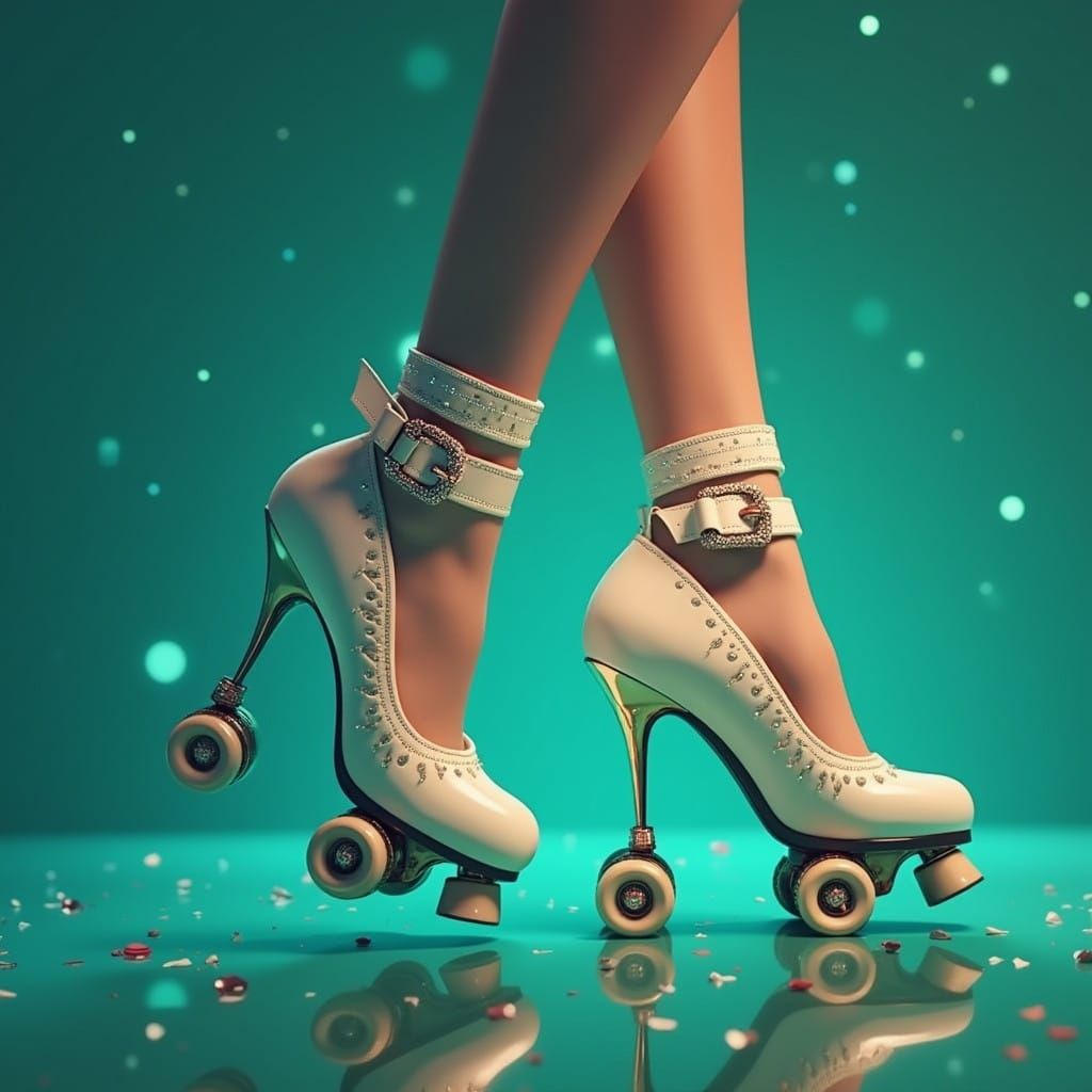 Woman's Feet in High-Heel Roller Skates in Vibrant Dreamworl...