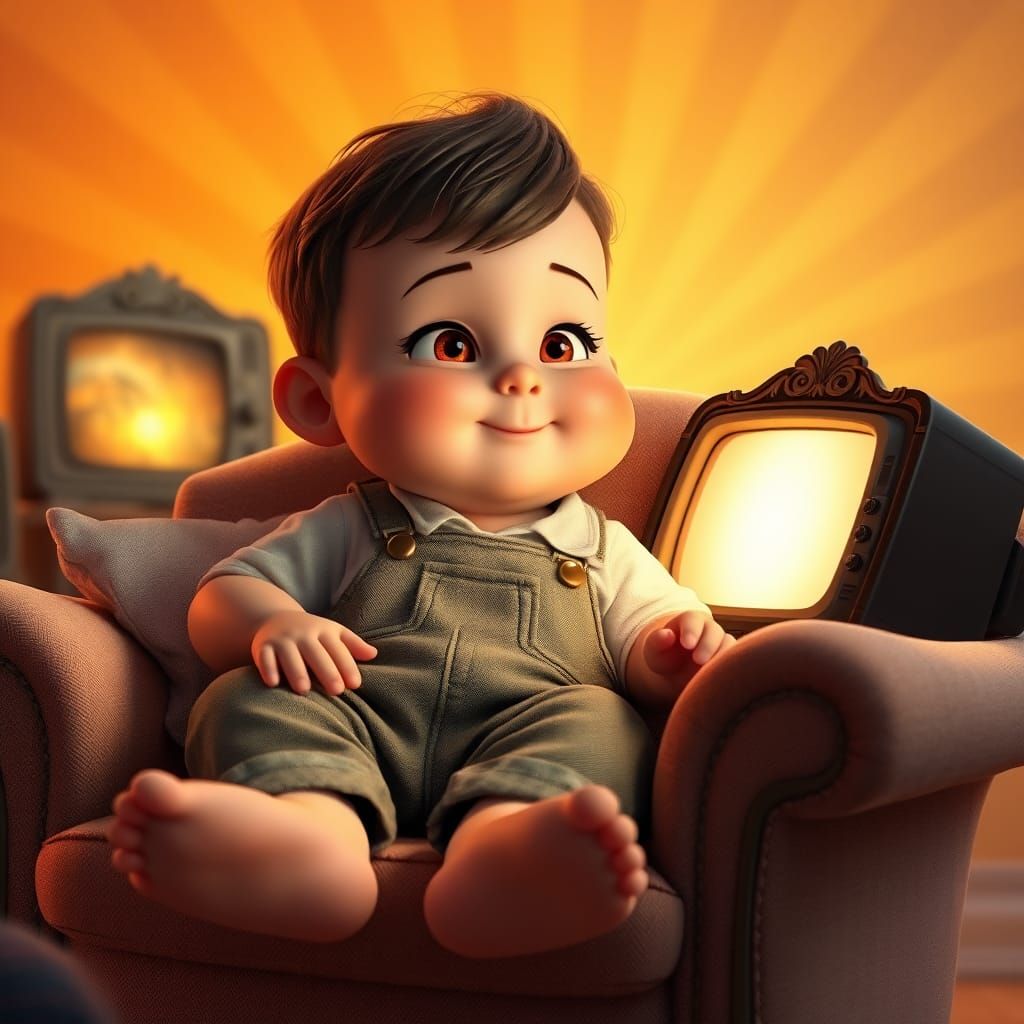 Cozy Evening: Child Watching Movie in Whimsical Style