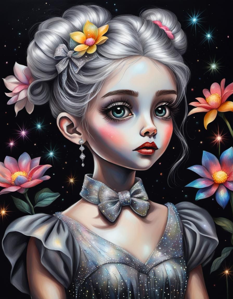 A whimsical, pencil sketch of stylized doll with large expressive eyes and silver hair styled in a high bun, adorned wit...