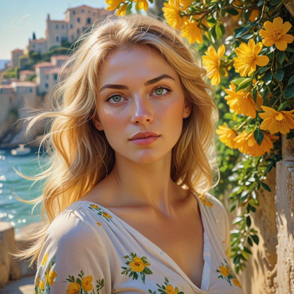 Impressionistic Woman in Mediterranean Village Oil Painting