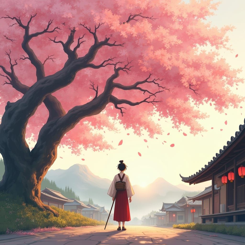 Majestic Cherry Blossom Landscape in Traditional Japanese St...