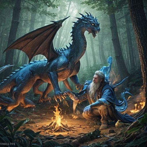 Wizard and Dragon Battle in Forest