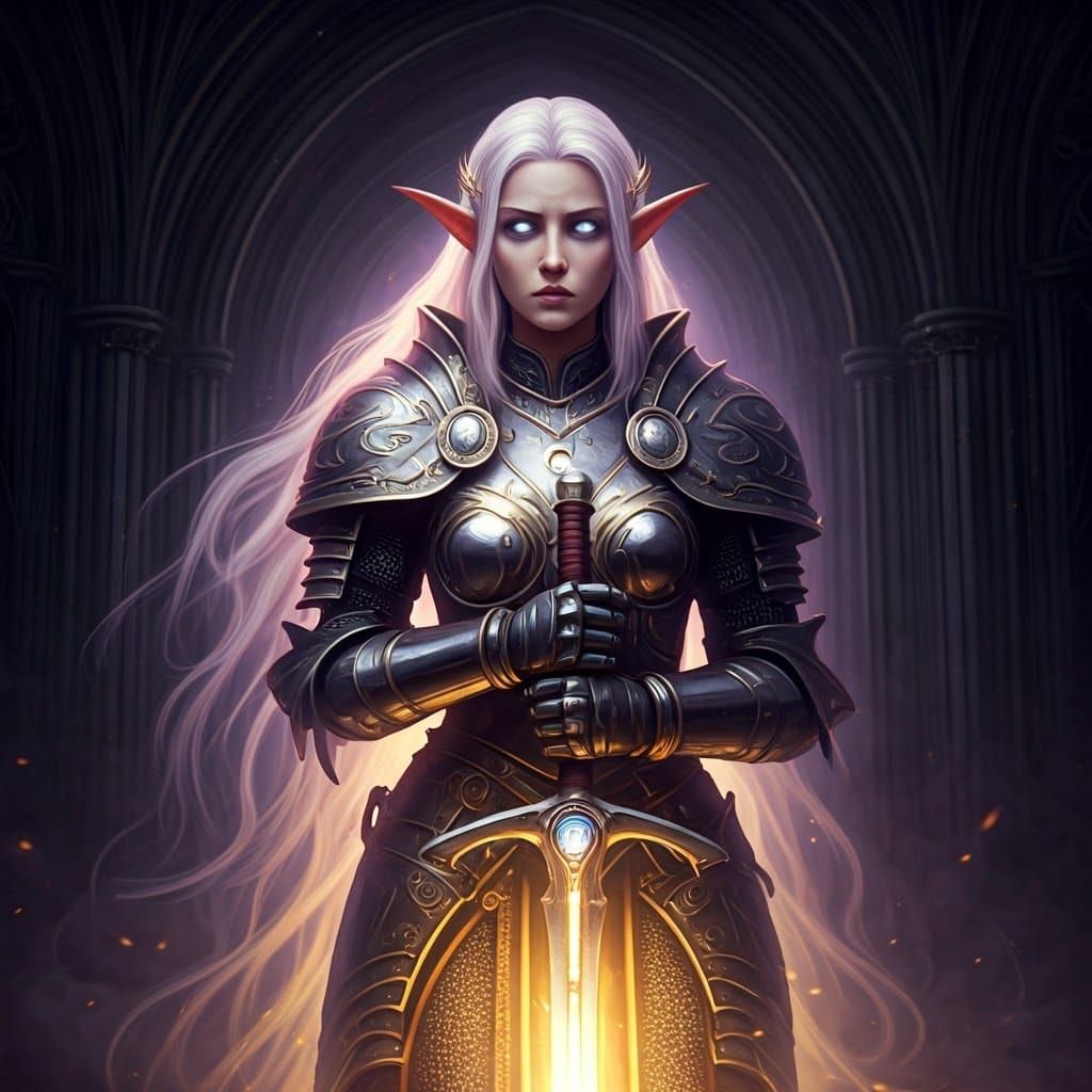 Ethereal Elven Paladin with Longsword in Fantasy Setting