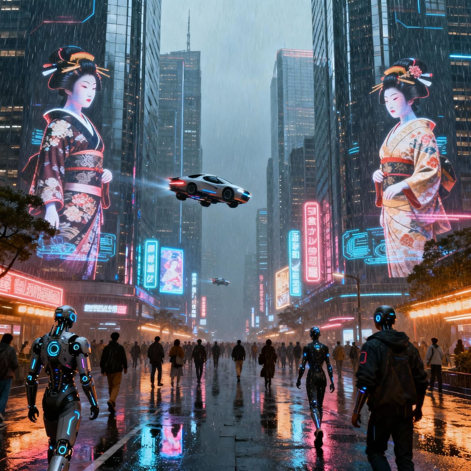 Neo-Kyoto 2150: Cyberpunk Street Scene with Flying Cars