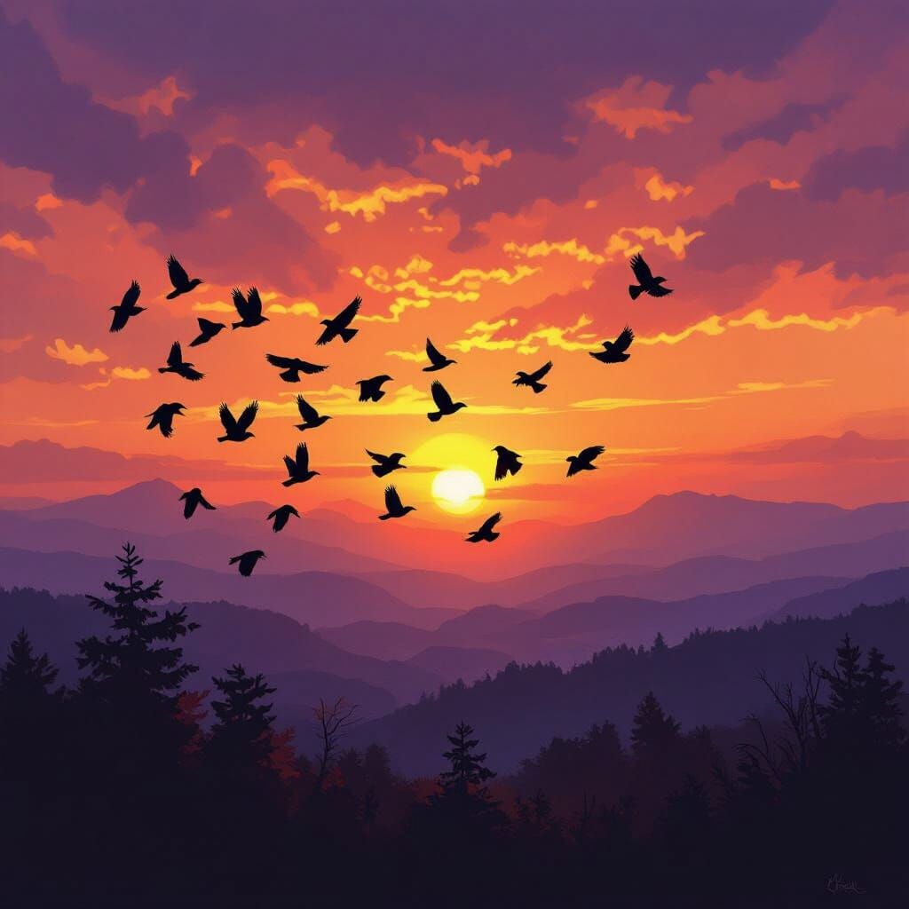 Painterly Sunset with Crows in Dramatic Golden Light