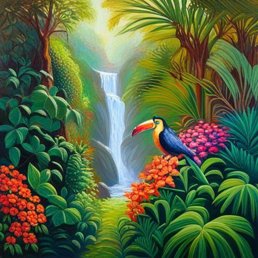Rainforest Canopy: Toucan and Jaguar in Expressionist Oil