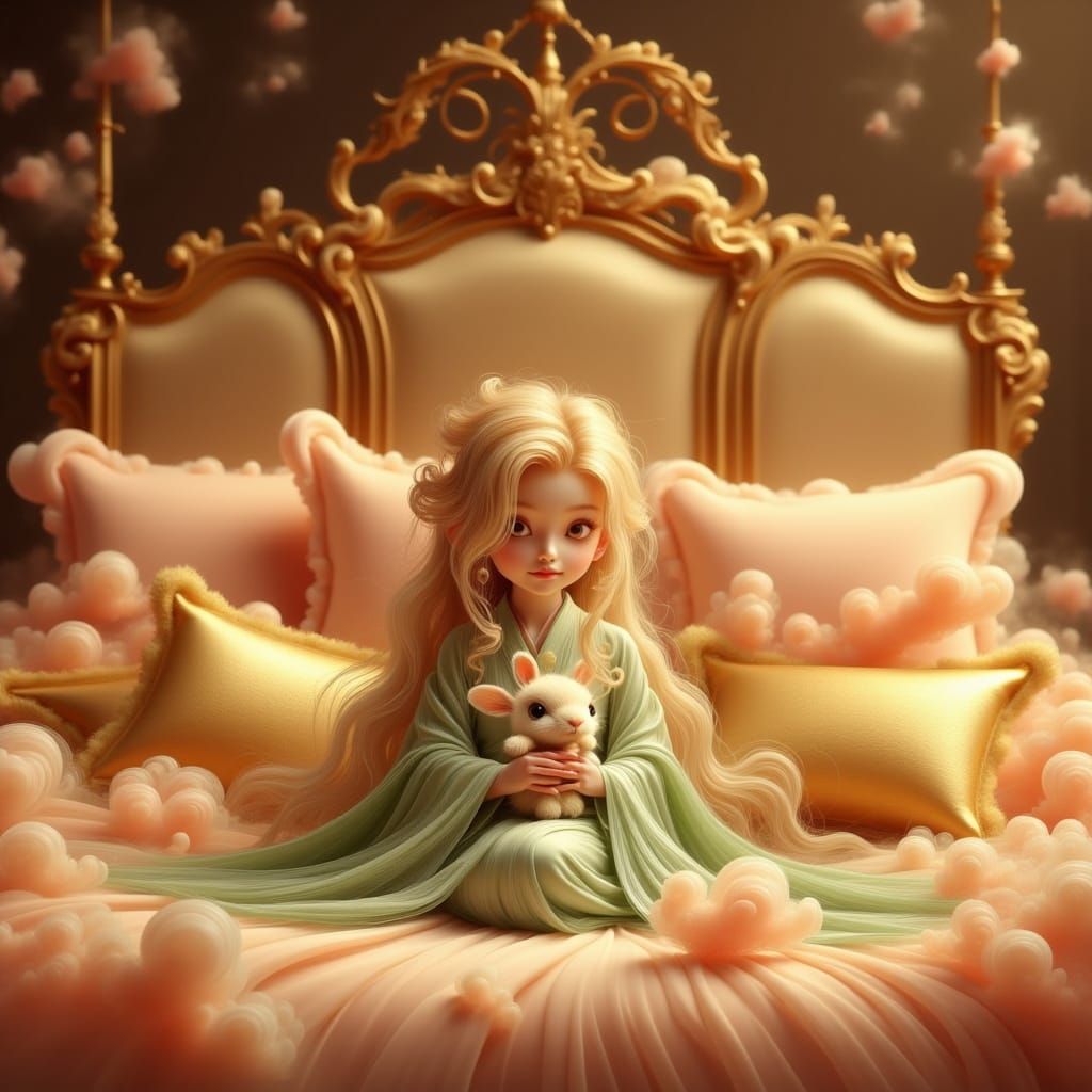 Blonde Girl in Green Kimono on Golden Bed