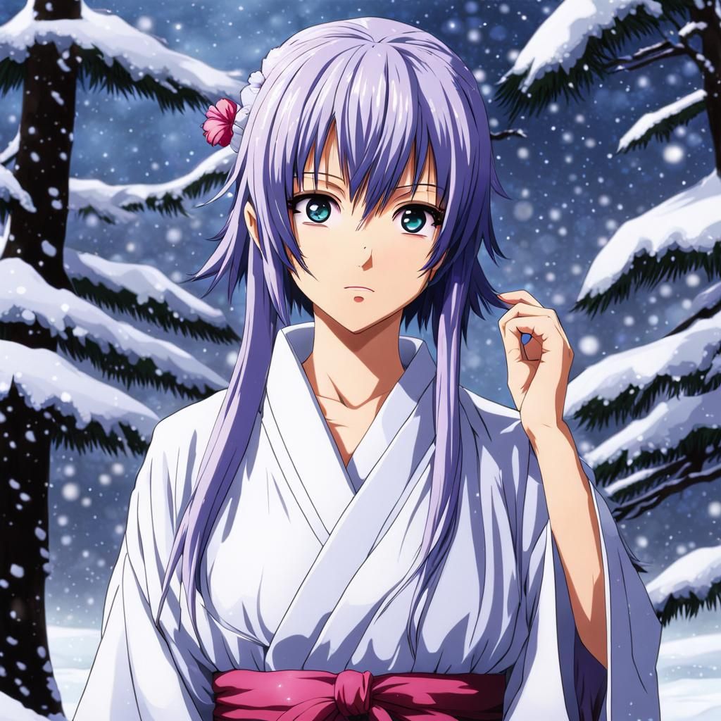 Anime Portrait of Girl in Yukata in Snow