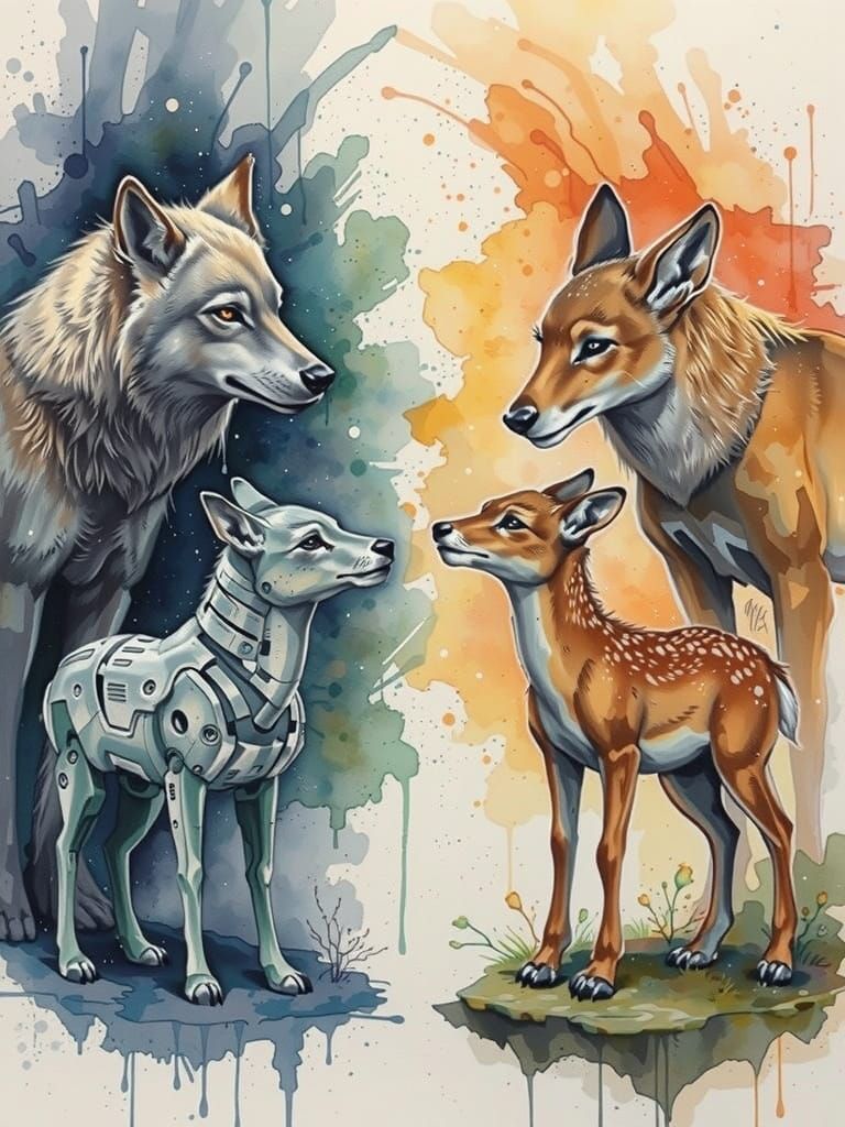 Anthropomorphic Wolf and Robot Deer in Sketch Art