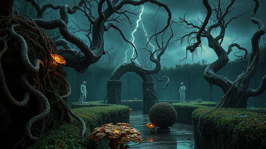 Ominous Abandoned Garden with Glowing Vines in Photorealism