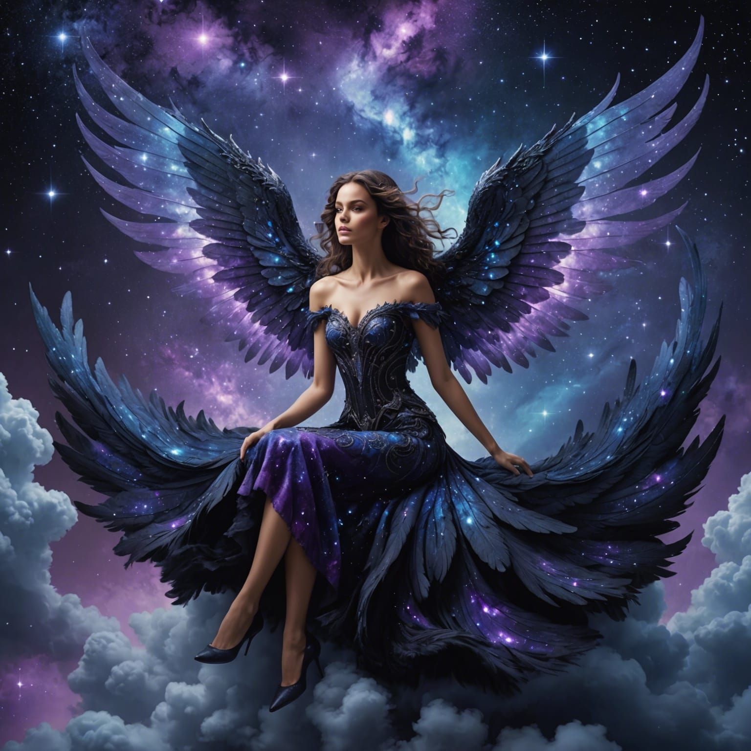Celestial Woman with Galaxy Wings on Cloud
