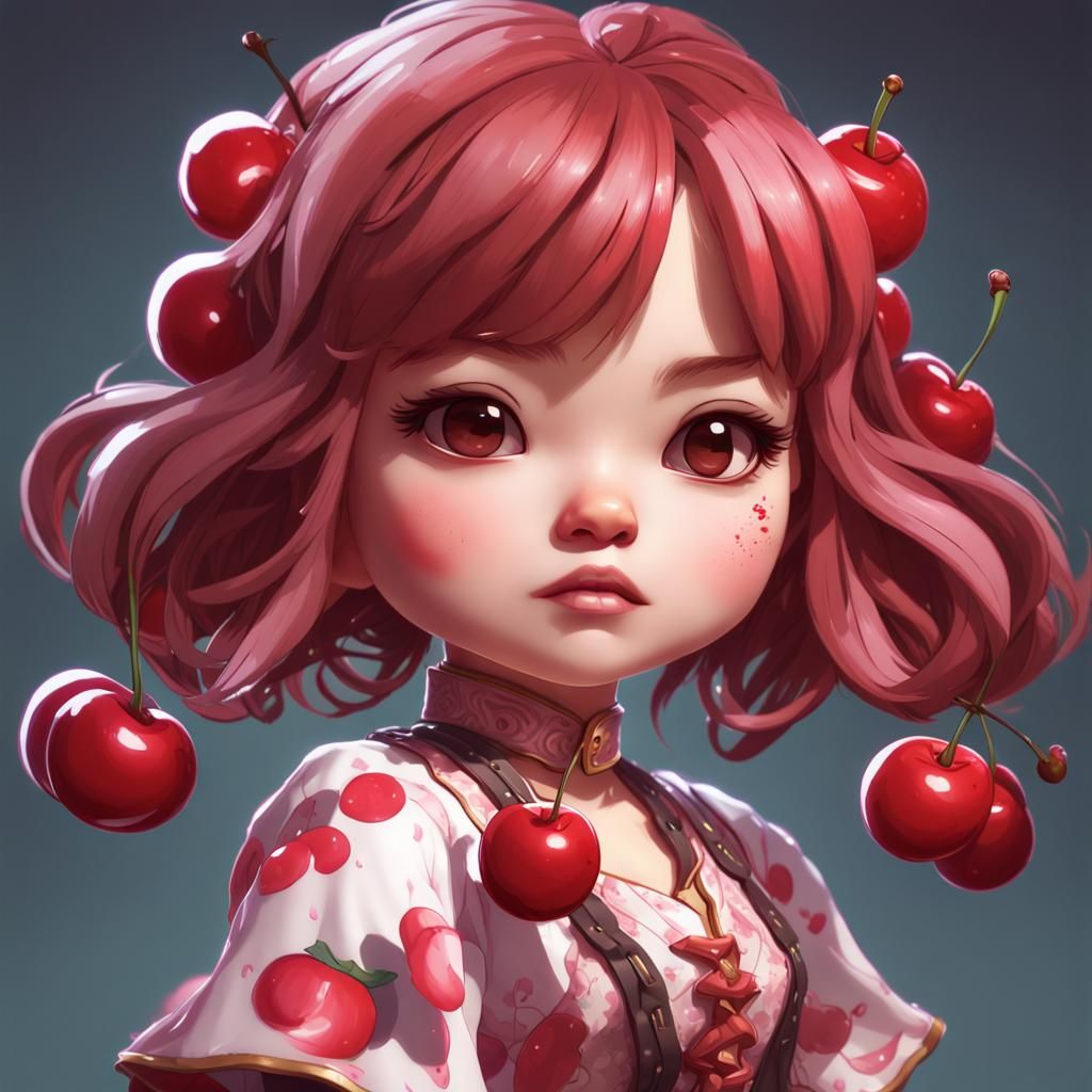 Chibi in Cherry Dress: Hyperdetailed Portrait