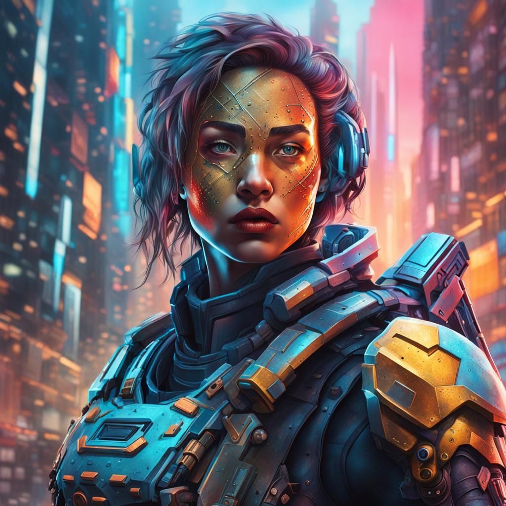 futuristic female warrior who is on a mission to defend the world from an evil cyborg army, dystopian future, megacity