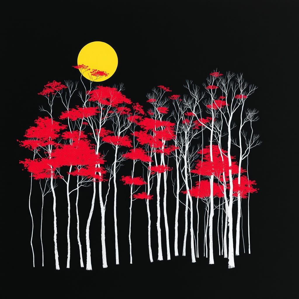 Forest Silhouette Fashion Portrait with Red Trees and Yellow...