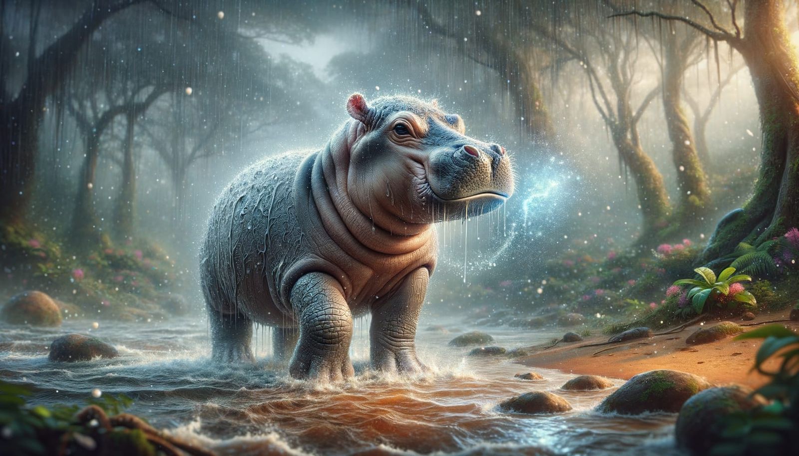 Magical Baby Hippo in Rainforest, Detailed Fantasy Art