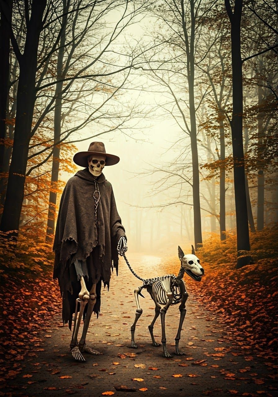 Skeleton and Dog Walk Autumn Forest Path