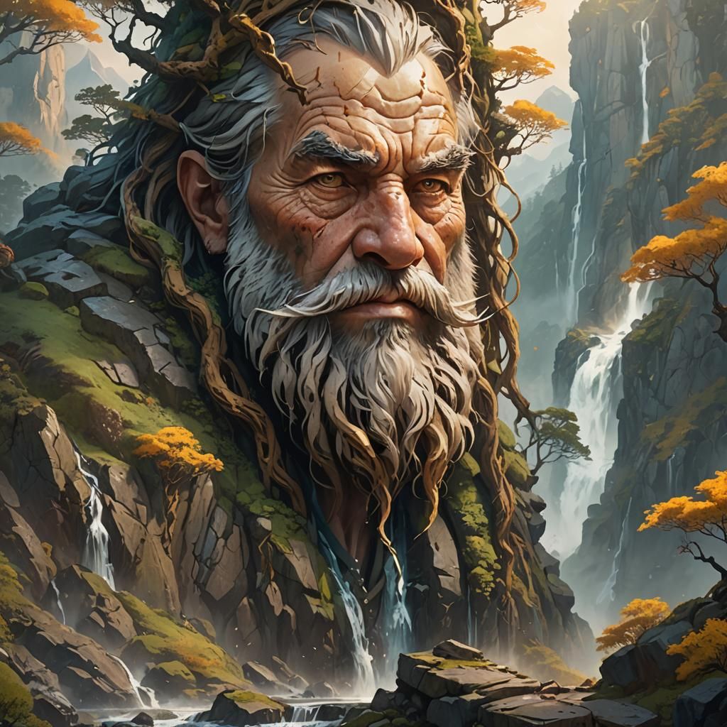 Majestic Mountain Face with Waterfall Beard