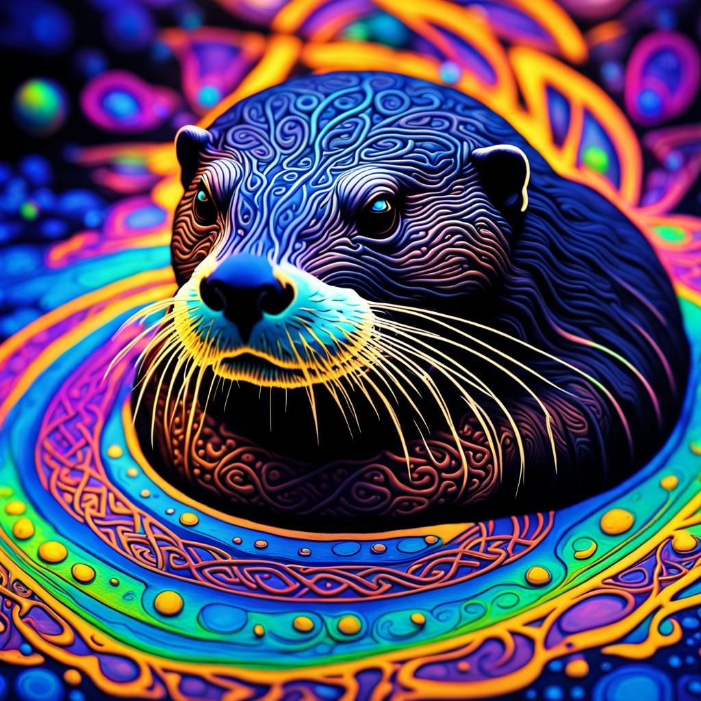 Psychedelic Celtic Otter in Black Light Abstraction